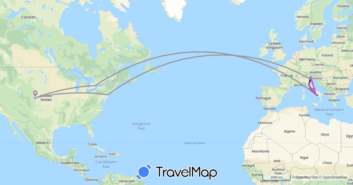 TravelMap itinerary: driving, bus, plane, train, hiking, boat in Canada, Italy, United States, Vatican City (Europe, North America)